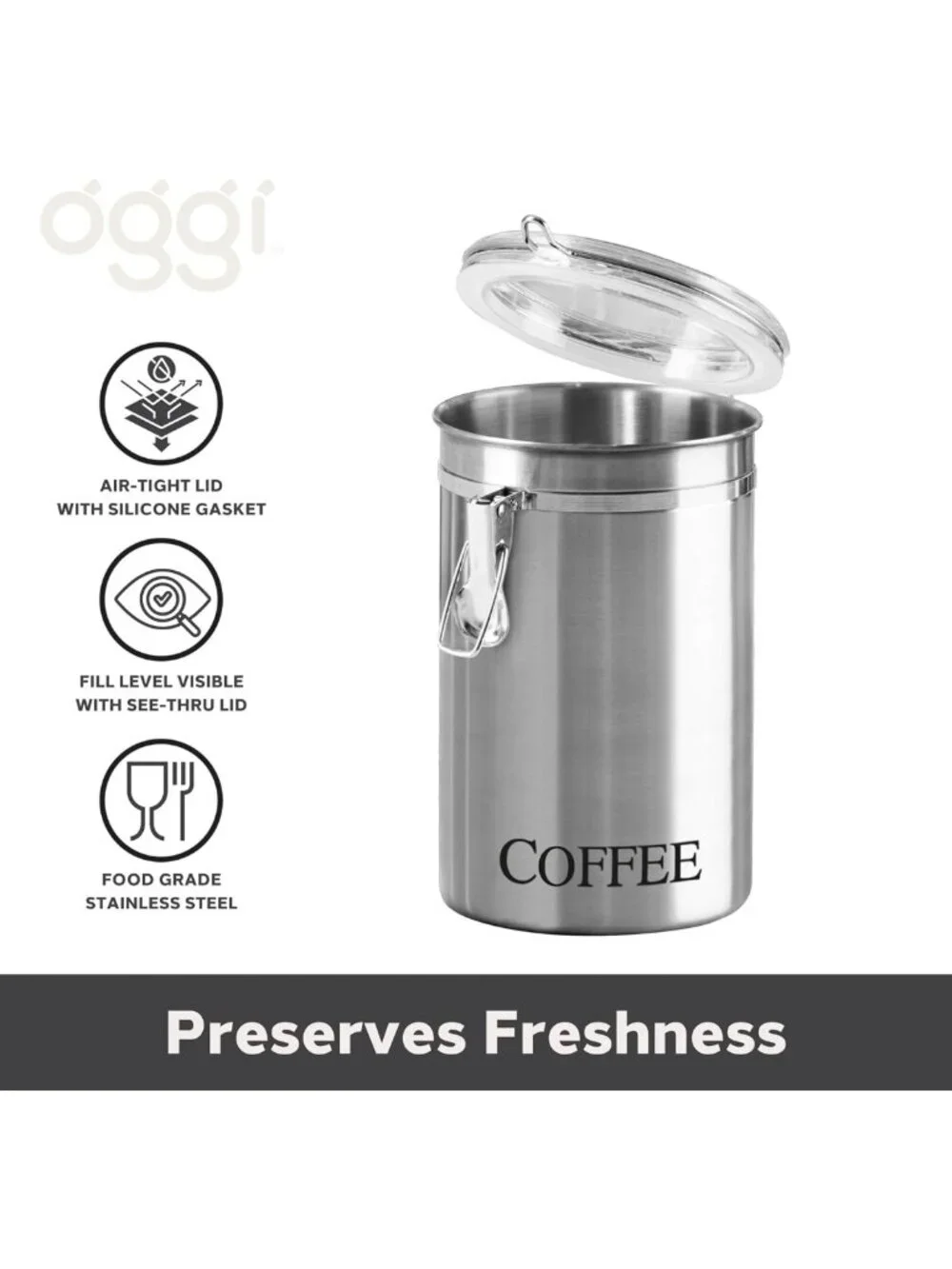 Airtight Stainless Steel Coffee Canister - 62oz, Clear Top for Beans & Grounds